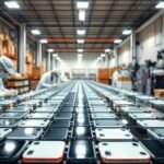 A pristine, well-lit warehouse interior with rows of meticulously organized refurbished iPhones, their glossy surfaces reflecting the warm overhead lighting. In the foreground, a team of technicians in clean white lab coats carefully inspecting and testing each device, ensuring its functionality and quality. In the middle ground, a conveyor belt transports the certified phones to sturdy shipping crates, ready to be distributed through a reliable, streamlined logistics network. The background showcases state-of-the-art diagnostic equipment and advanced refurbishing tools, creating an impression of a robust, efficient supply chain operation.