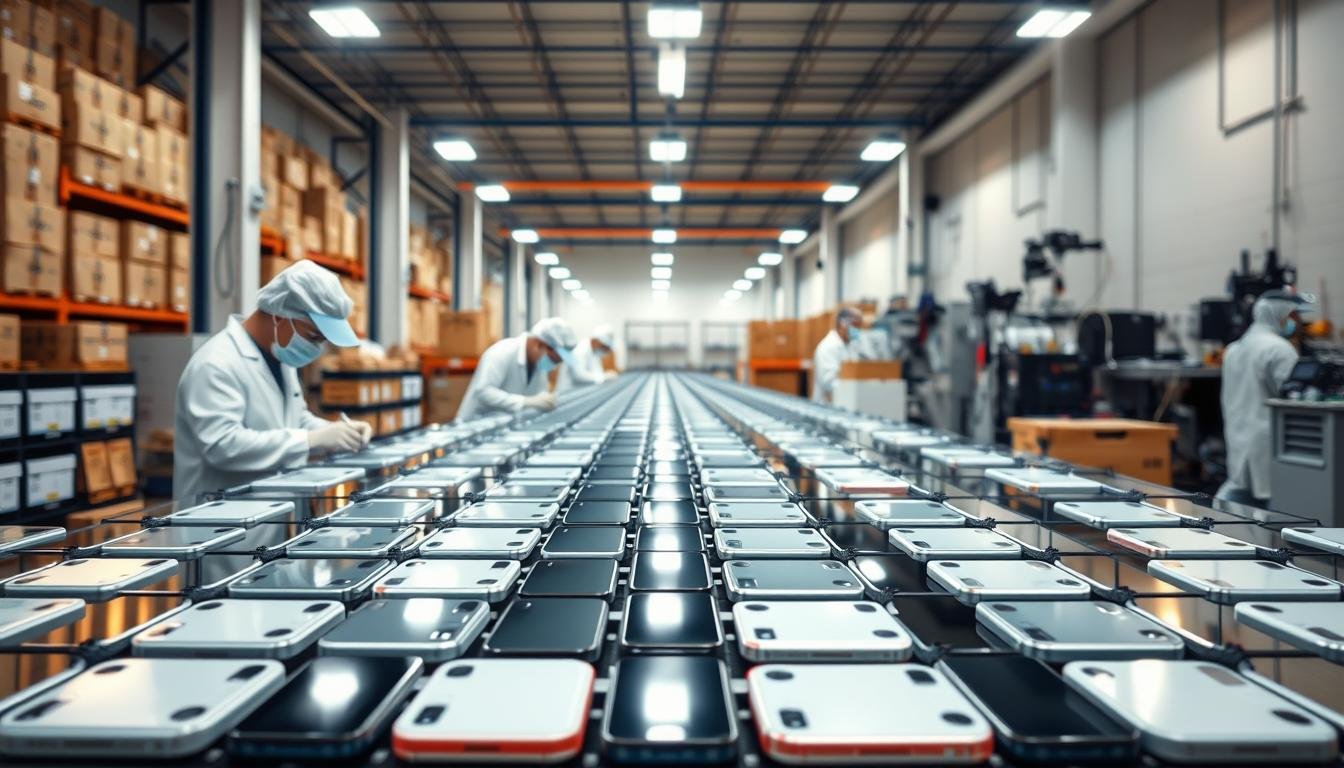 A pristine, well-lit warehouse interior with rows of meticulously organized refurbished iPhones, their glossy surfaces reflecting the warm overhead lighting. In the foreground, a team of technicians in clean white lab coats carefully inspecting and testing each device, ensuring its functionality and quality. In the middle ground, a conveyor belt transports the certified phones to sturdy shipping crates, ready to be distributed through a reliable, streamlined logistics network. The background showcases state-of-the-art diagnostic equipment and advanced refurbishing tools, creating an impression of a robust, efficient supply chain operation.