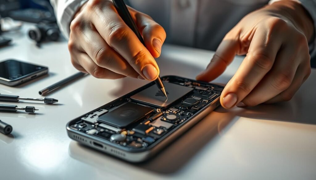 A well-lit, close-up view of a technician's hands meticulously inspecting the internals of a disassembled refurbished iPhone. The device's components are laid out neatly on a clean, reflective workbench, with tools and diagnostic equipment nearby. Soft, directional lighting casts shadows that accentuate the precision of the examination. The technician's face is not visible, emphasizing the focus and care taken during the quality control process. The scene conveys a sense of diligence, professionalism, and attention to detail, reflecting the rigorous protocols in place to ensure the refurbished iPhone meets high standards.