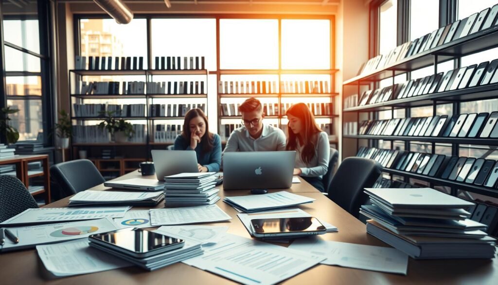 A bustling office space with large windows flooding the room with warm, natural light. On the desk, an iPhone is prominently displayed, surrounded by various sales records, analytics charts, and a well-organized stack of business documents. In the middle ground, a team of young, ambitious professionals collaborating intently on their laptops, strategizing ways to expand the iPhone resale operation. In the background, sleek shelves hold neatly organized iPhone models, each one meticulously inspected and prepared for resale. The atmosphere conveys a sense of professionalism, growth, and a relentless drive to optimize the iPhone resale business.