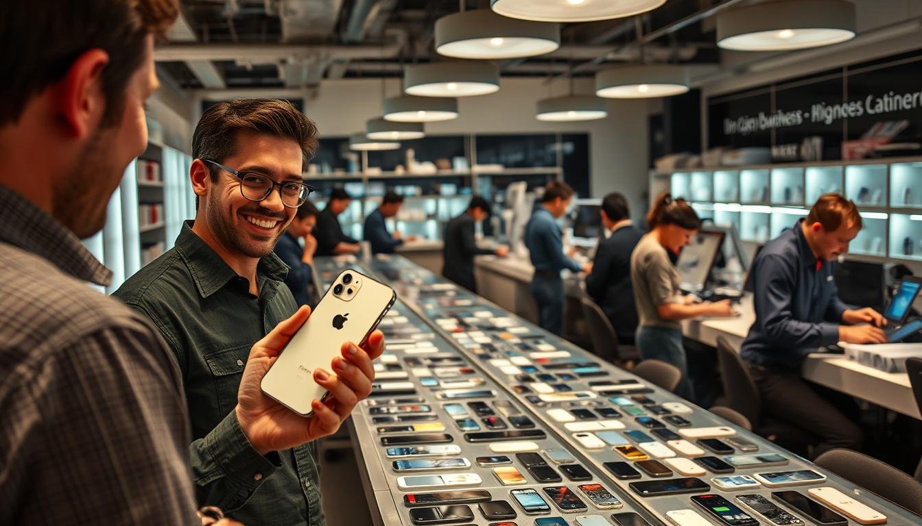 A bustling iPhone resale business office, bathed in warm, inviting lighting. In the foreground, a salesperson enthusiastically demonstrates a sleek, freshly refurbished iPhone to a customer, showcasing its pristine condition. The middle ground features a well-organized display of various iPhone models, each meticulously arranged and priced. In the background, a team of technicians diligently examines and repairs phones, ensuring every device is ready for a new owner. The scene conveys a sense of professionalism, efficiency, and a commitment to providing an excellent customer experience, capturing the essence of a successful iPhone resale business.