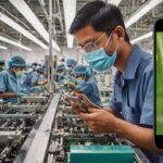 A professional digital illustration showing a shift in global iPhone manufacturing from China to India. The visual should feature two maps or symbolic representations of China and India connected by arrows, with factories and iPhones transitioning between them. Include elements like Apple logos, assembly lines, and cargo logistics. Use a clean, modern tech style with a blue and white palette. Ideal for a blog about iPhone supply chain changes in 2026, targeting B2B resellers and wholesalers