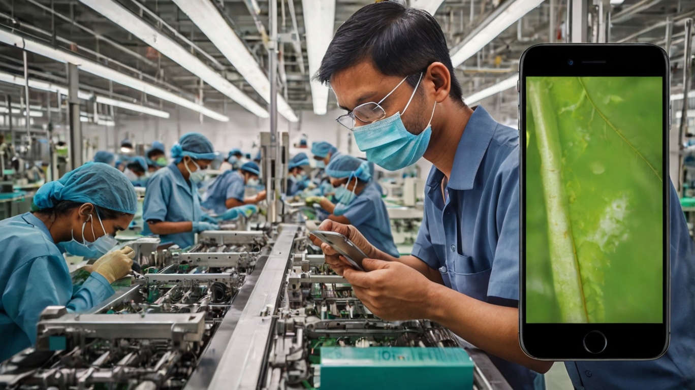 A professional digital illustration showing a shift in global iPhone manufacturing from China to India. The visual should feature two maps or symbolic representations of China and India connected by arrows, with factories and iPhones transitioning between them. Include elements like Apple logos, assembly lines, and cargo logistics. Use a clean, modern tech style with a blue and white palette. Ideal for a blog about iPhone supply chain changes in 2026, targeting B2B resellers and wholesalers