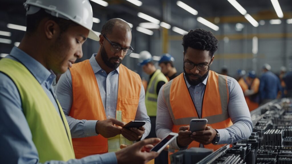 A professional digital illustration showing a global B2B trade environment focused on refurbished iPhones in 2025. The scene features business professionals analyzing iPhone models in a high-tech warehouse or supply chain logistics setting. Visual elements include world maps, digital graphs indicating market growth, and icons representing sustainability and trade. Style should be clean, futuristic, and business-oriented, with a color palette of blue, white, and metallic tones. Perfect for a blog header about B2B strategies in the refurbished iPhone industry.