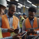 A professional digital illustration showing a global B2B trade environment focused on refurbished iPhones in 2025. The scene features business professionals analyzing iPhone models in a high-tech warehouse or supply chain logistics setting. Visual elements include world maps, digital graphs indicating market growth, and icons representing sustainability and trade. Style should be clean, futuristic, and business-oriented, with a color palette of blue, white, and metallic tones. Perfect for a blog header about B2B strategies in the refurbished iPhone industry.