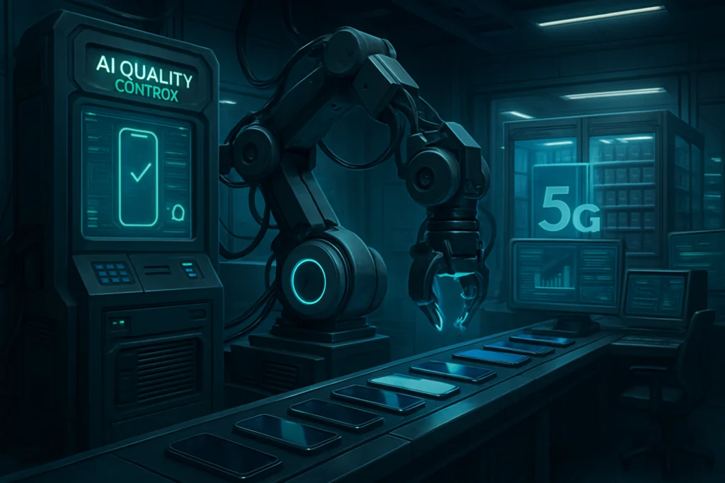 A flawlessly efficient AI Quality Control system and seamlessly implemented 5G connectivity are essential components for ensuring the optimal performance of iPhone Wholesale operations. This instructive image, a detailed digital painting, depicts a futuristic workspace brimming with cutting-edge technology and streamlined processes. The impeccable precision of the system is evident in the sleek lines and meticulous attention to detail, showcasing the pinnacle of modern innovation and readiness for the future.
