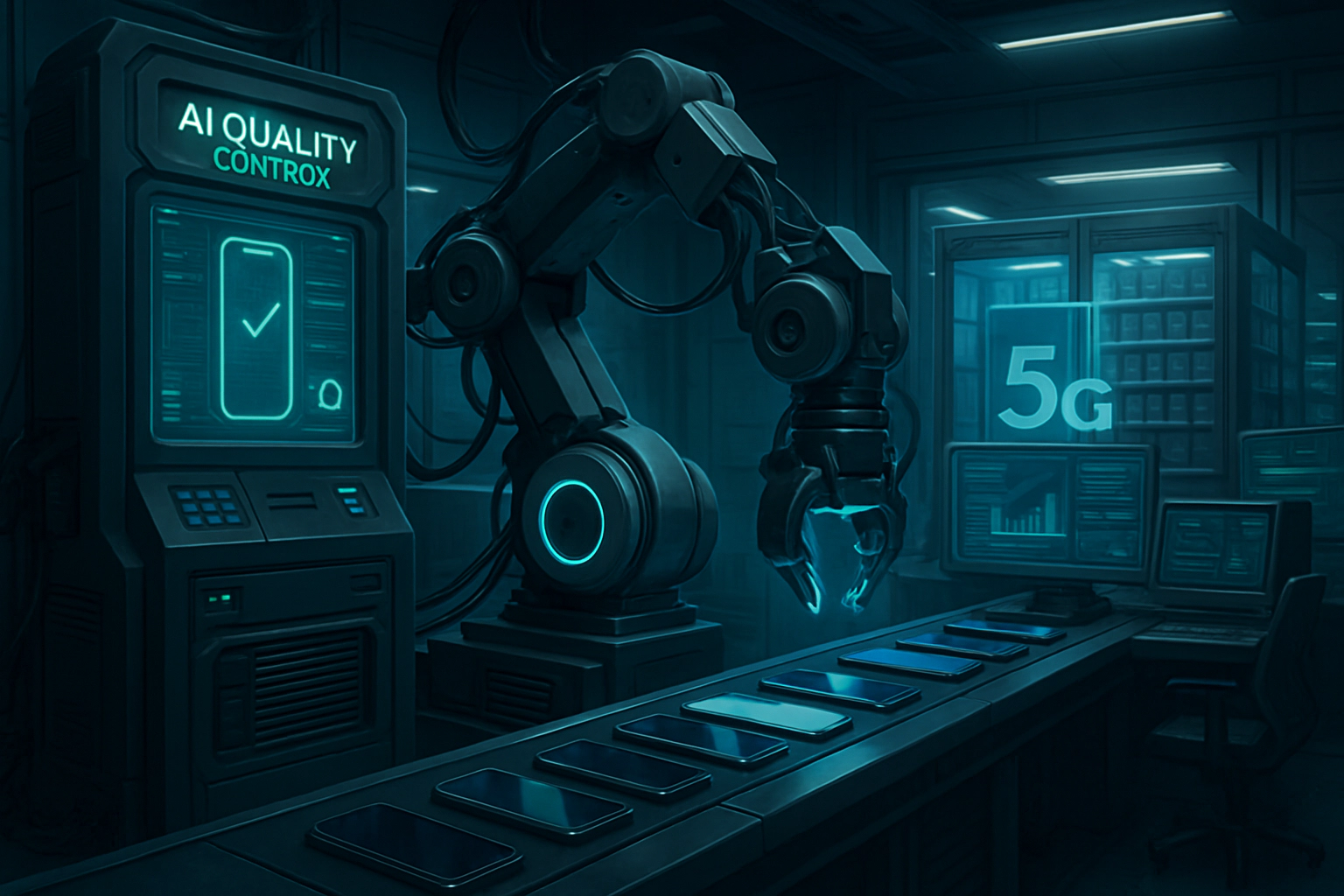 A flawlessly efficient AI Quality Control system and seamlessly implemented 5G connectivity are essential components for ensuring the optimal performance of iPhone Wholesale operations. This instructive image, a detailed digital painting, depicts a futuristic workspace brimming with cutting-edge technology and streamlined processes. The impeccable precision of the system is evident in the sleek lines and meticulous attention to detail, showcasing the pinnacle of modern innovation and readiness for the future.